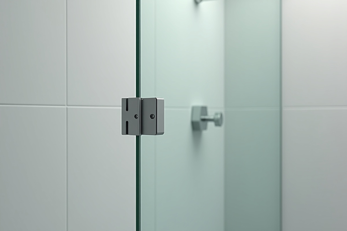 Glass-to-glass shower door hinge connecting a frameless door panel to a fixed side panel in a corner shower installation