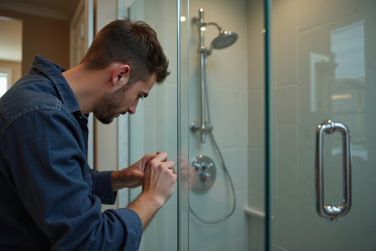 Professional installer adjusting frameless shower door hinge alignment during installation in a DFW bathroom