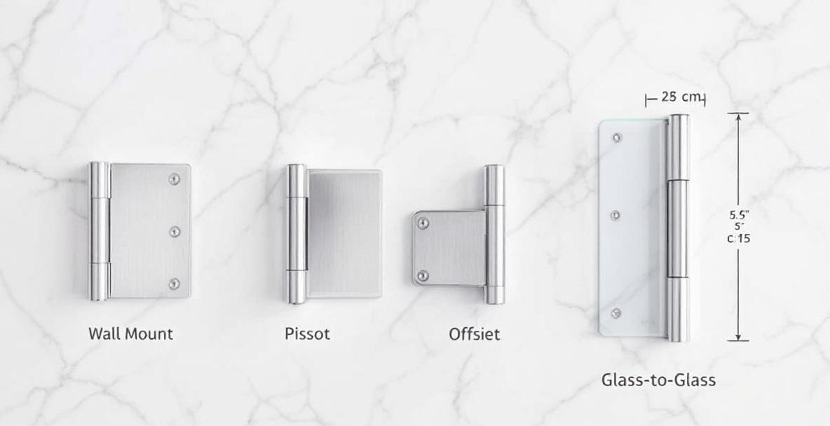 Various frameless shower door hinge types displayed including wall mount, pivot, and glass-to-glass hinges for comparison