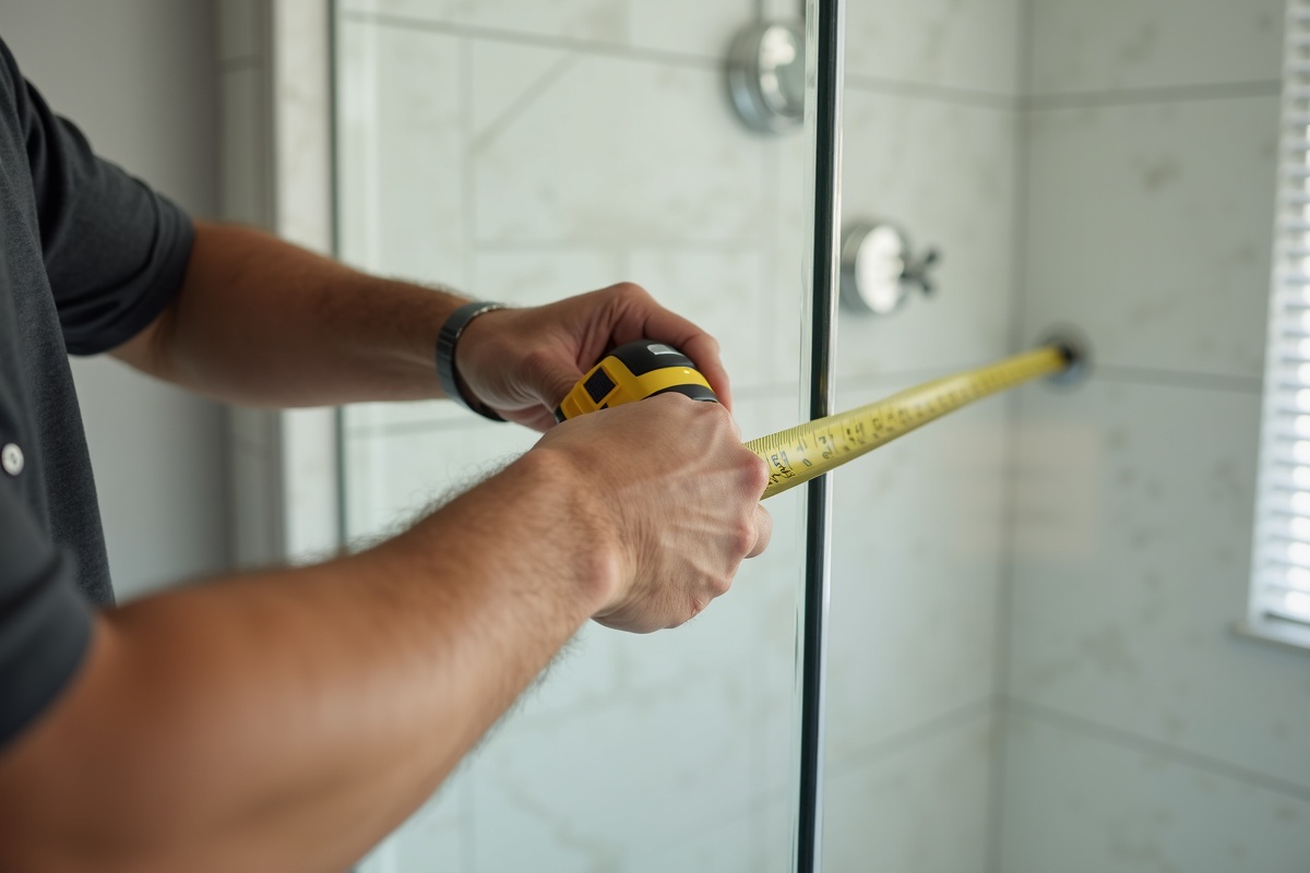 Close-up of a professional installer holding a digital tape measure across the top of a tiled shower opening during shower door measurement in a DFW bathroom