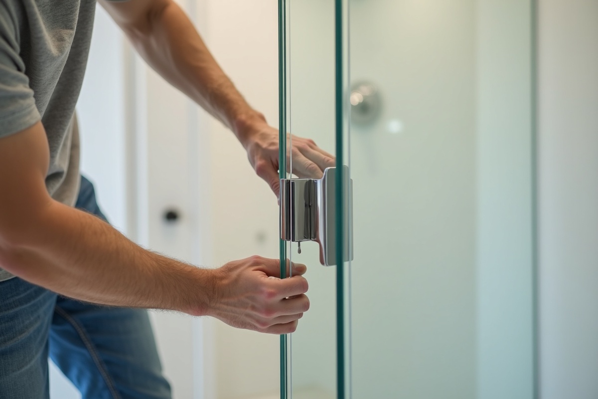Installer adjusting the hinge on a newly hung frameless glass shower door to confirm a uniform gap along the side jamb during DFW bathroom installation
