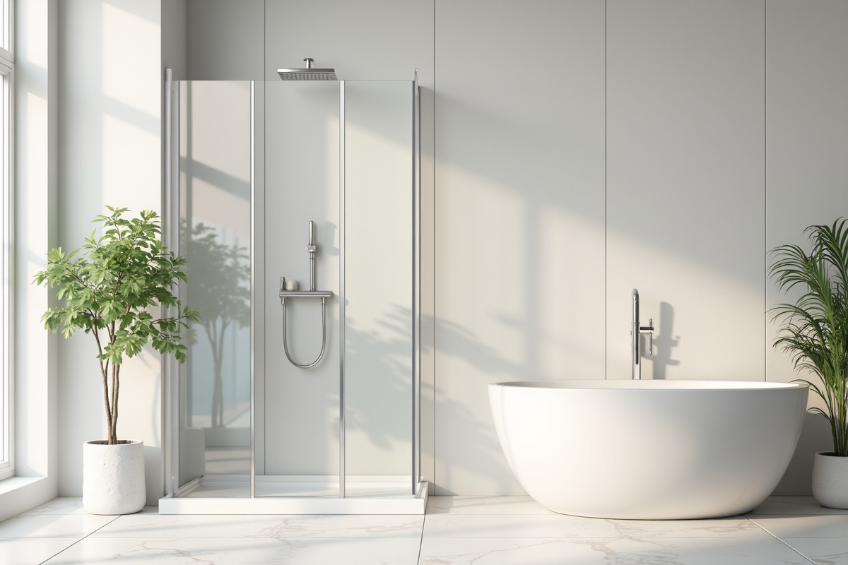 Bright bathroom with a modern glass shower enclosure and neutral ceramic tile walls