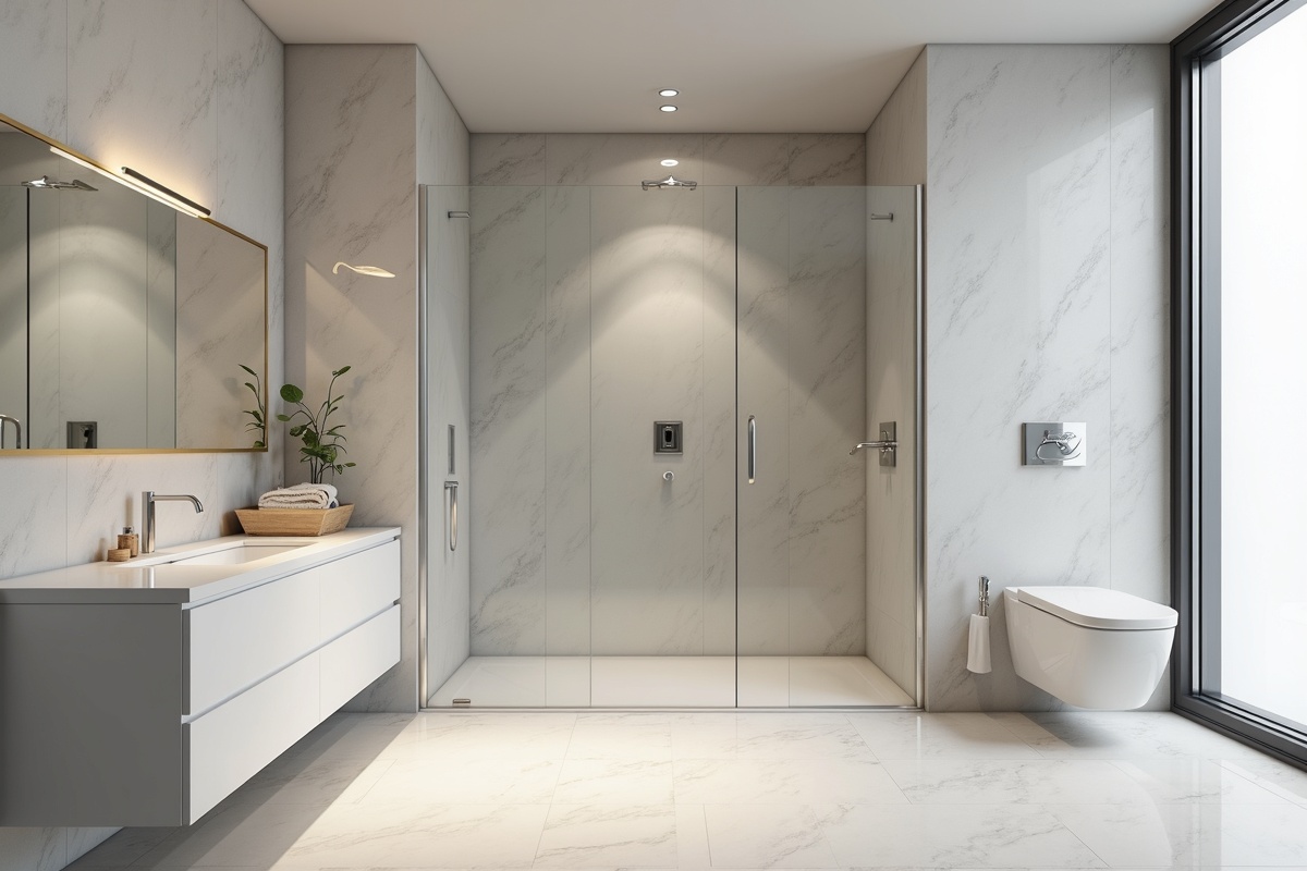 Minimalist bathroom with frameless glass shower panel and contemporary tile design