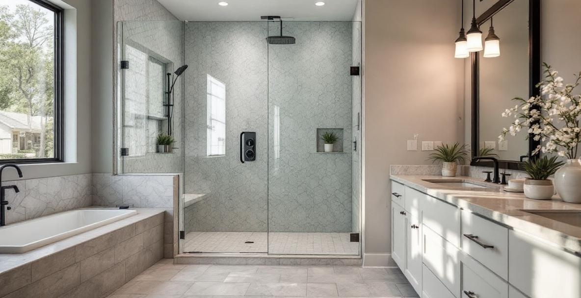 Clean modern bathroom with glass shower door and neutral tile in a residential home similar to Corinth TX builds
