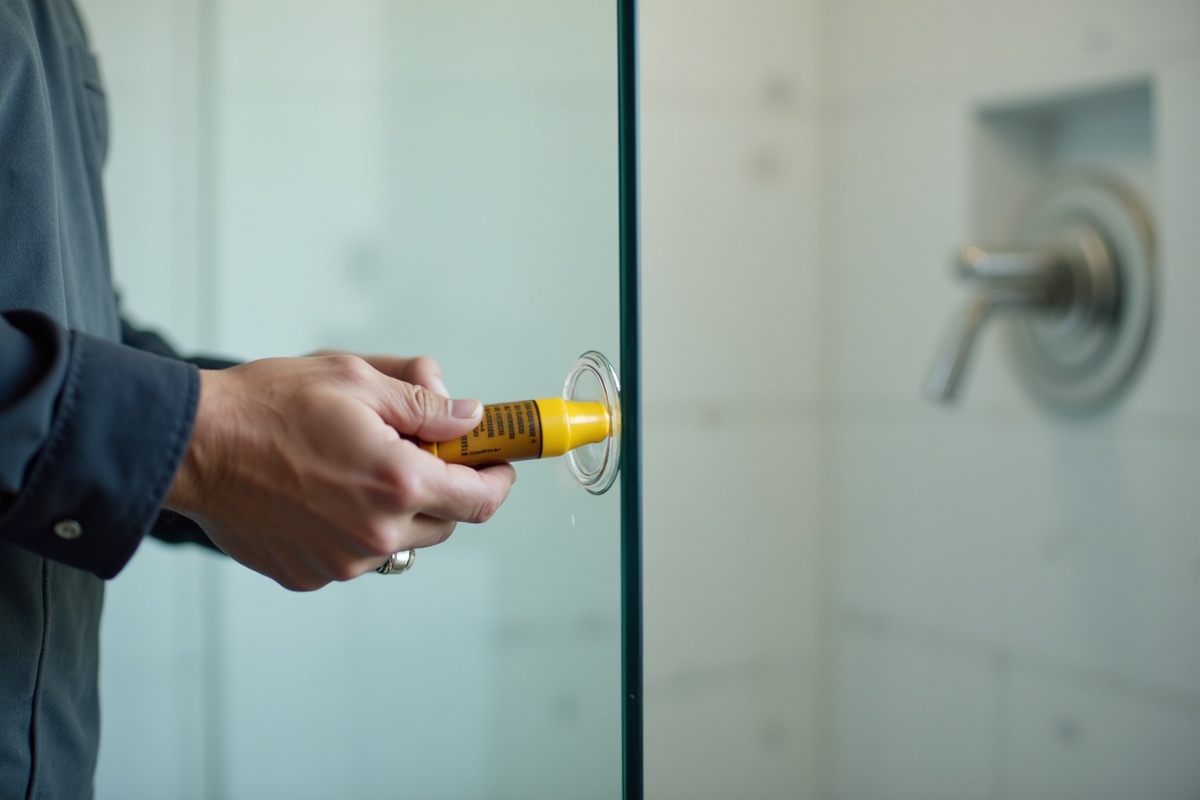 Professional glass installer applying silicone bead seal at the glass-to-wall junction of a frameless shower enclosure in a Texas bathroom renovation
