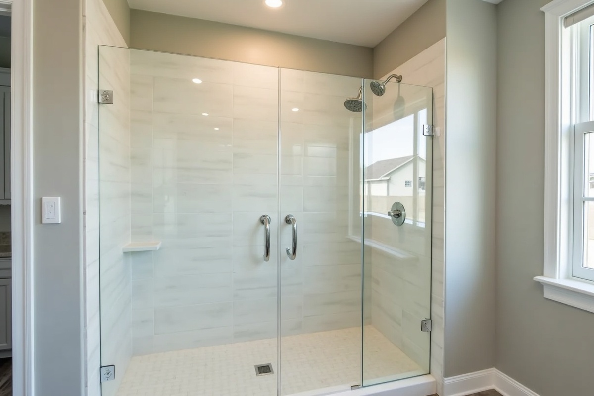 Completed frameless shower door installation in a Texas home showing the finished result with clear glass panels hardware and clean silicone seals