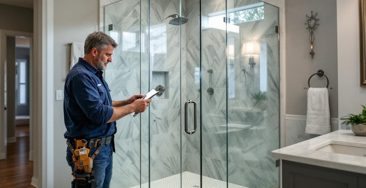 Texas bathroom with frameless shower door installation showing the finished result of a professional installation including clear glass panels and chrome hardware