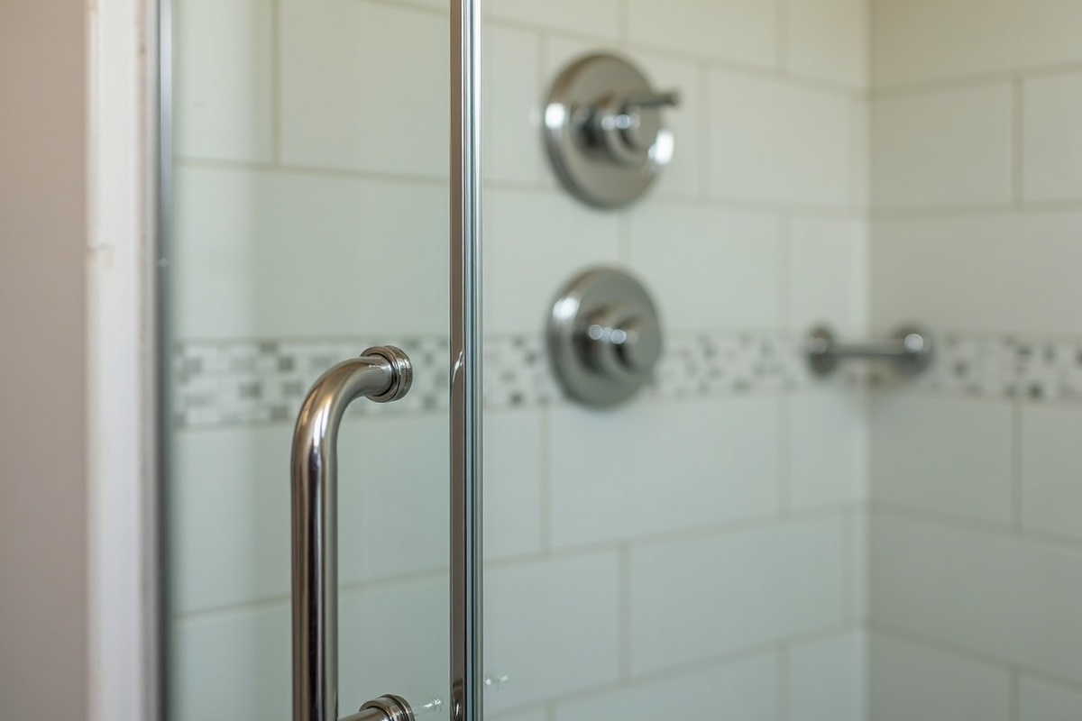 Frameless shower door installation in Denton TX home showing precision hardware mounting and clean silicone bead sealing at the wall junction