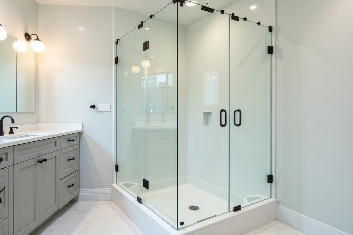 Completed custom frameless shower enclosure with mitered glass-to-glass corner in a Denton TX bathroom renovation showing the seamless finish of precision work