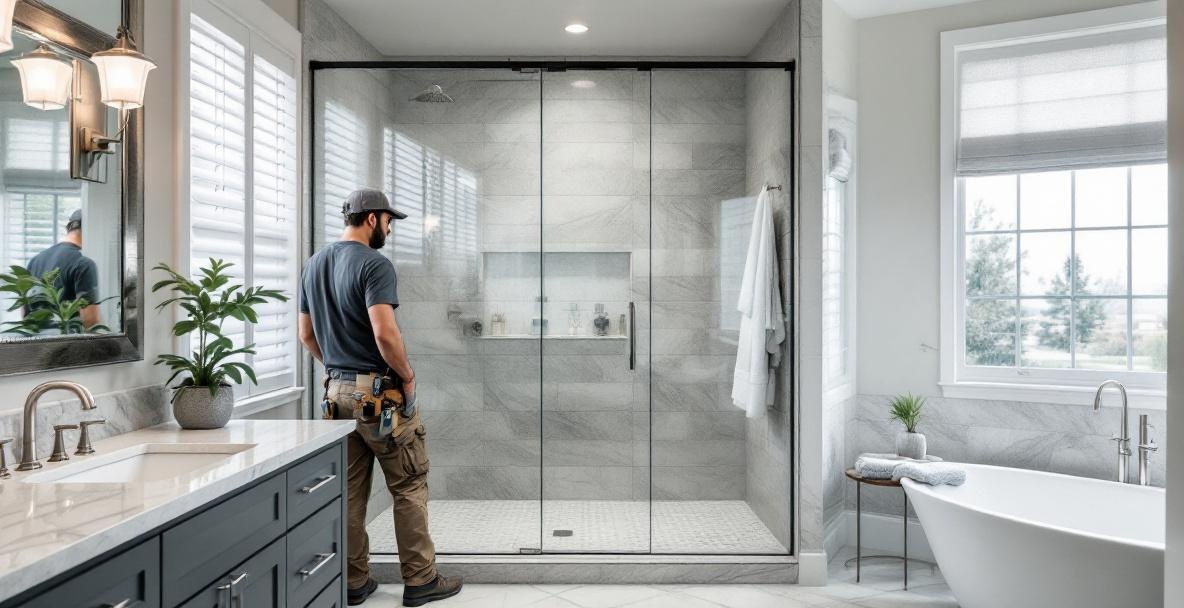 Modern bathroom in Denton TX home featuring professionally installed frameless shower door with clear tempered glass and polished chrome hardware