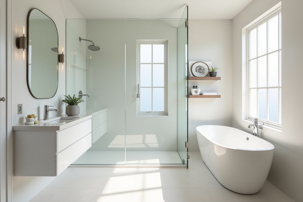 Modern bathroom with frameless glass shower enclosure showing clean lines and minimal hardware in a renovated DFW home