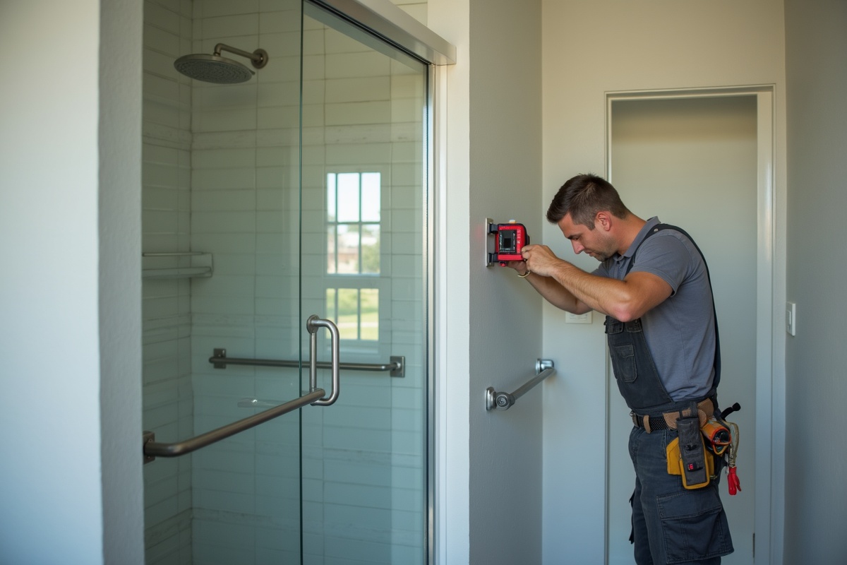 Glass installer measuring a shower opening with a laser measure tool during a DFW shower door replacement project