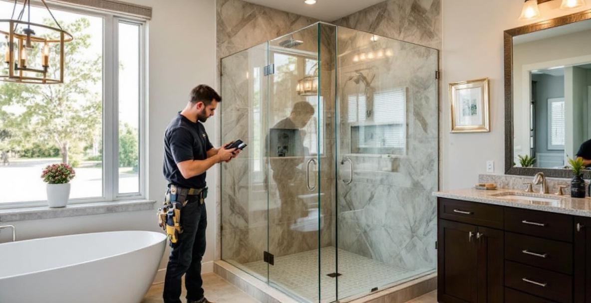 Freshly installed frameless glass shower door in a modern DFW bathroom showing clear tempered glass panels and polished chrome hardware