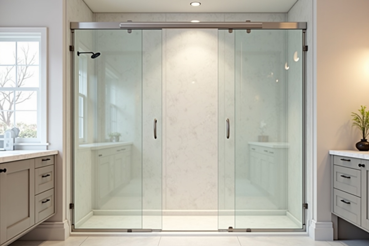 Bypass sliding shower door in a DFW bathroom showing two glass panels on parallel tracks, with rollers visible at the top and bottom rail guiding smooth operation
