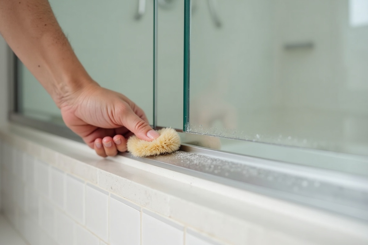 Hand cleaning the bottom aluminum track of a sliding shower door with a soft brush in a DFW bathroom to remove soap scum and hair from the roller channel