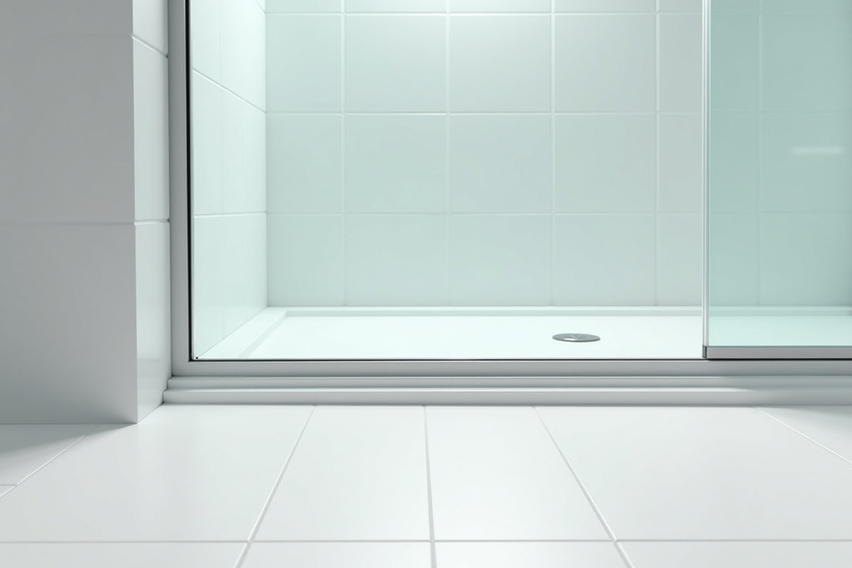 Interior view of a clean modern bathroom showing the base of a glass shower enclosure and floor threshold where shower door seals and sweeps create watertight contact