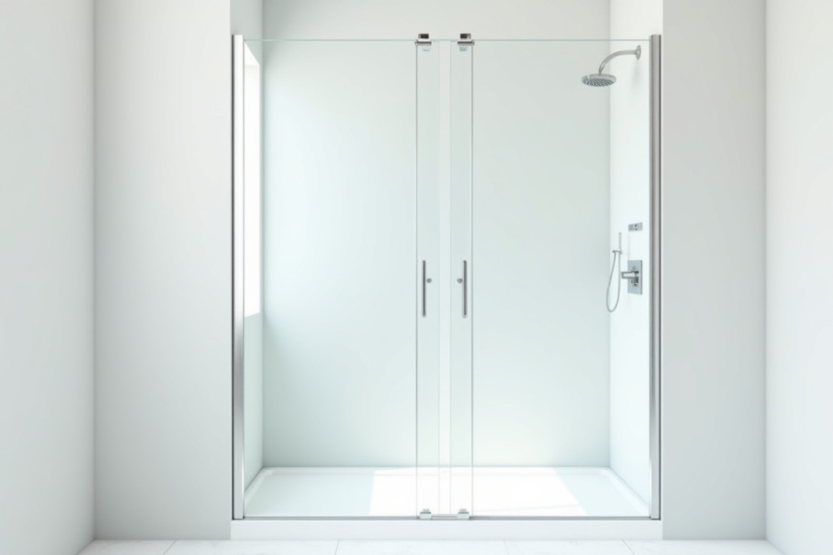 Small bright modern bathroom with frameless glass shower cabin showing clean white walls and clear glass panel edges where side door seals create watertight closure against the wall