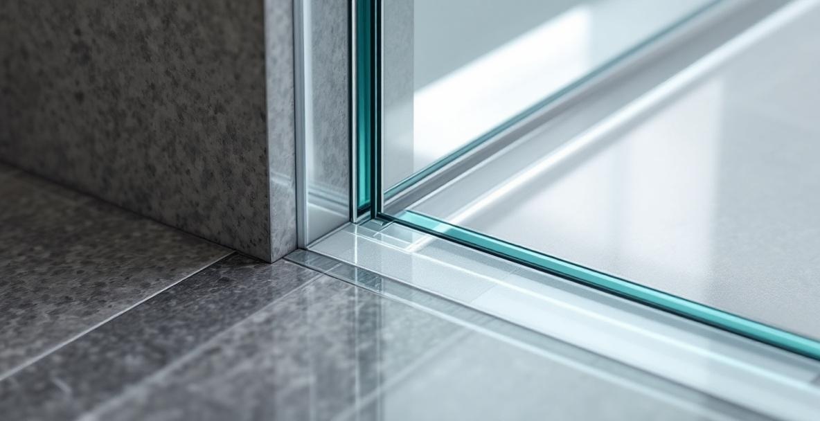 Clean white bathroom interior with frameless glass shower enclosure showing the base of the shower door where the bottom seal sweep contacts the floor threshold