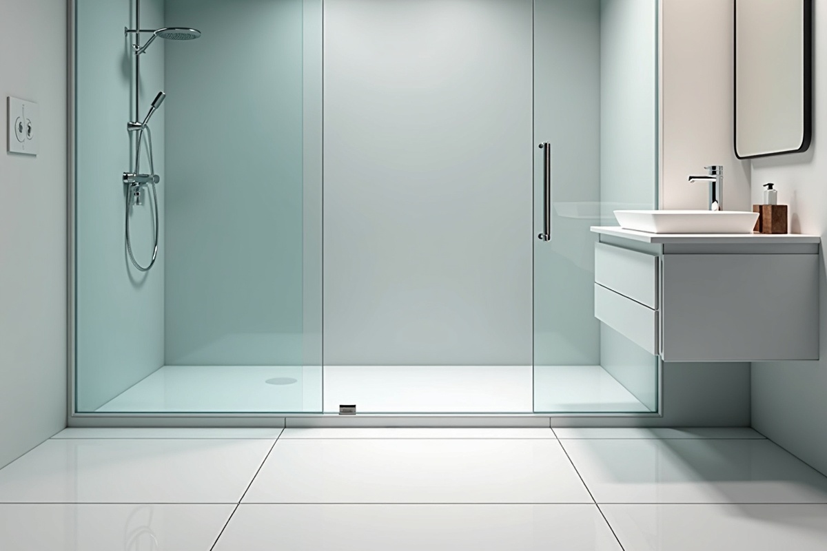 Modern bathroom interior with glass partitions showing where the bottom sweep seal sits between the glass and the floor threshold to prevent water escape