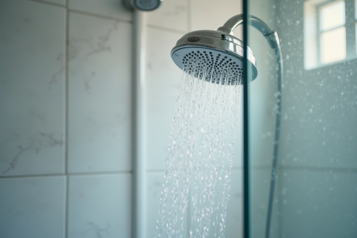 Close-up of water streaming from a shower head showing the typical daily moisture load that shower door seals must manage in a DFW area bathroom