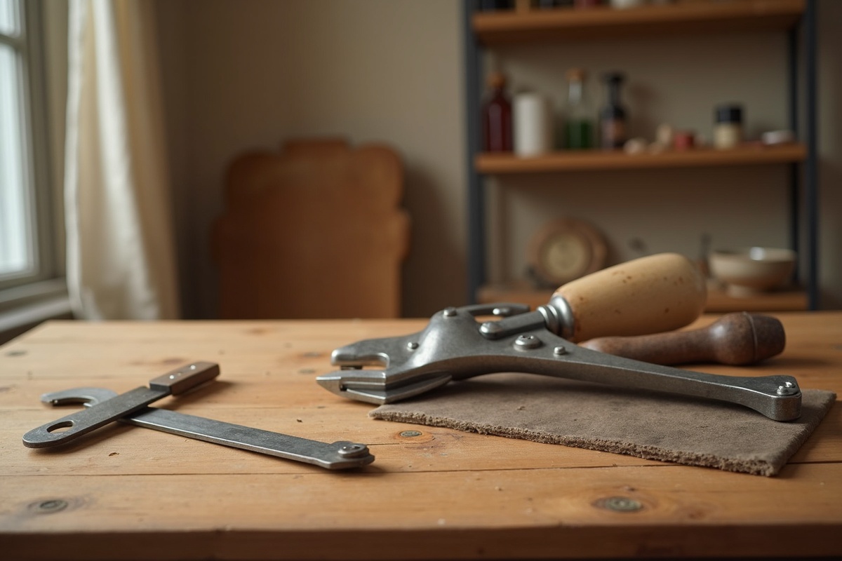 Vintage hand tools on a wooden table showing the simple measuring and cutting tools needed for a shower door sweep replacement project