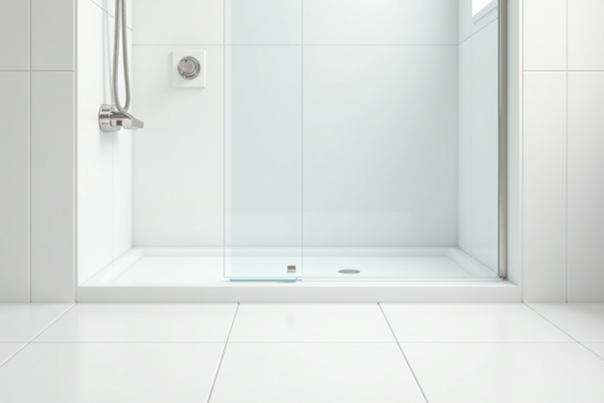 White tile bathroom interior showing a clean installation where the shower door sweep creates a watertight barrier between the glass and the floor threshold