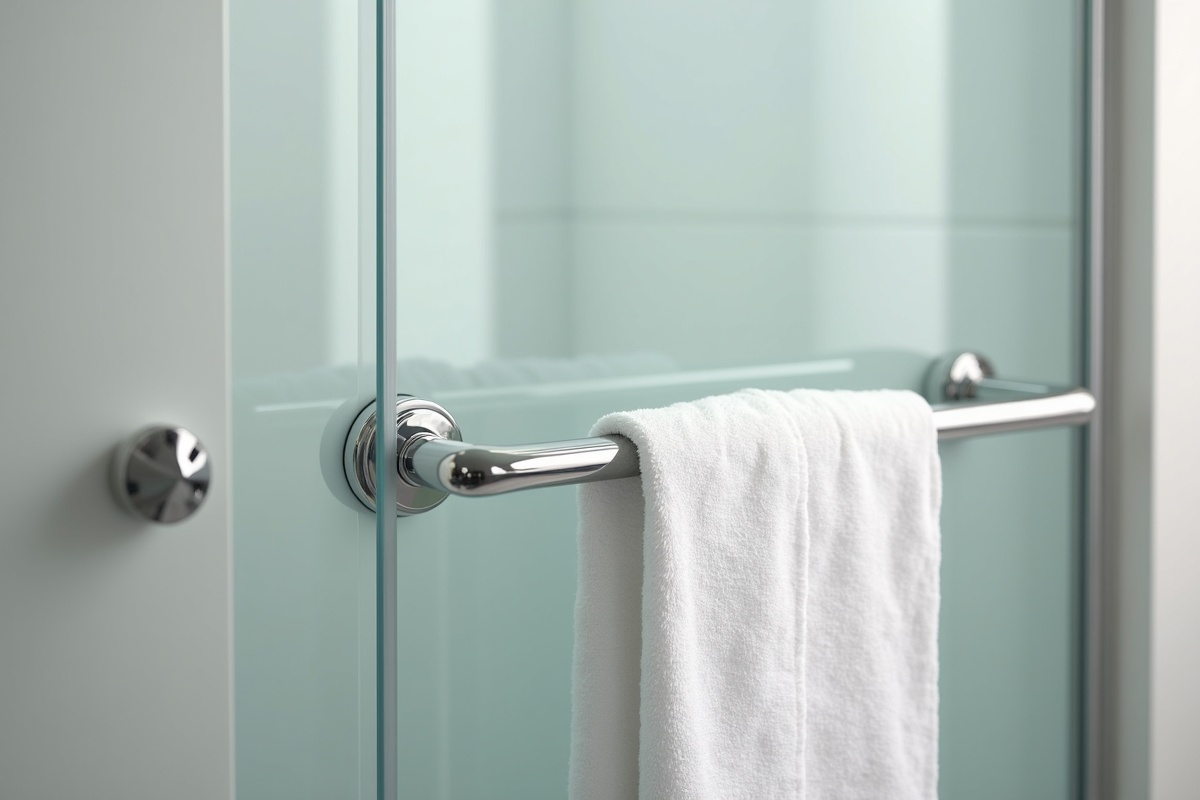 Bathroom door with 18-inch chrome towel bar handle shown holding a bath towel on a frameless shower door