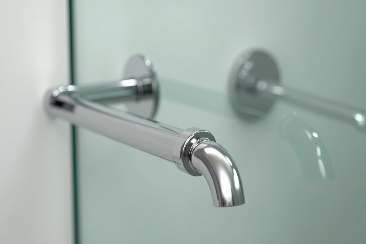 Detail of shower door towel bar handle mounting hardware showing the through-glass barrel and decorative rosette on a frameless shower