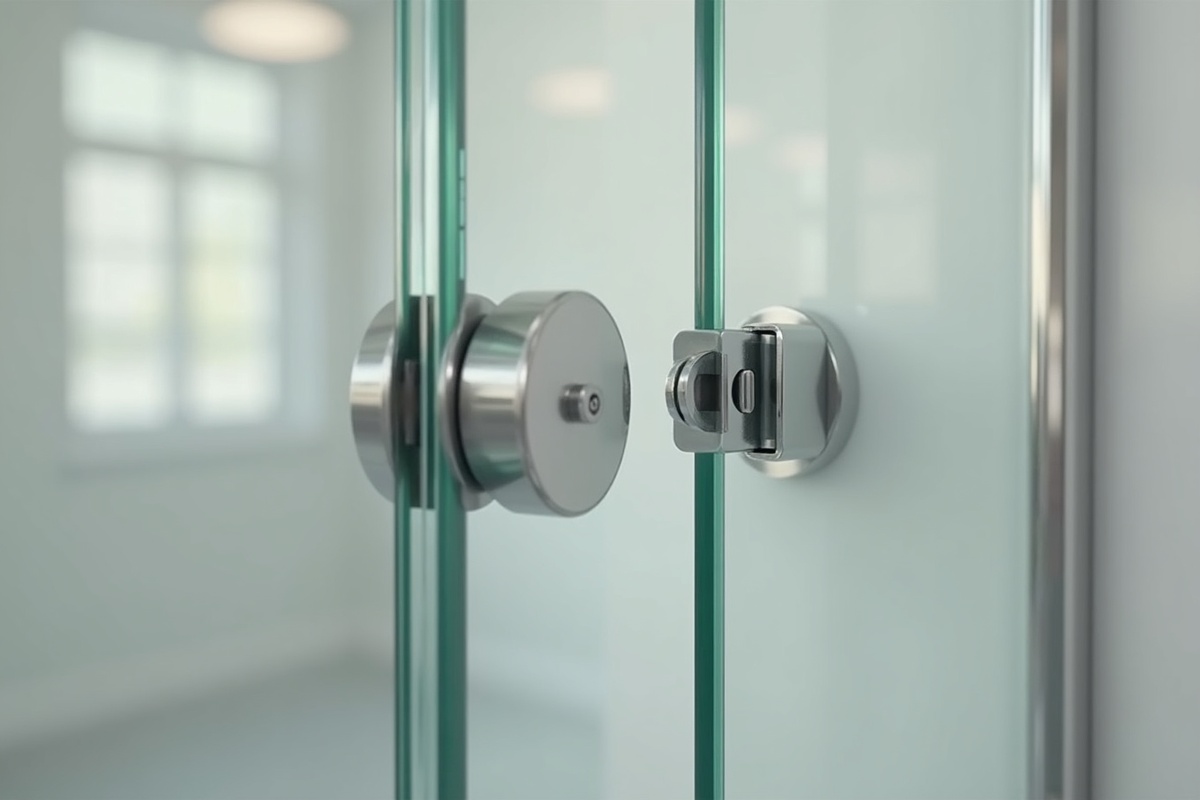 Close-up comparison of wall-mounted glass shower door hinges versus pivot hardware showing the mechanical difference between the two mounting systems
