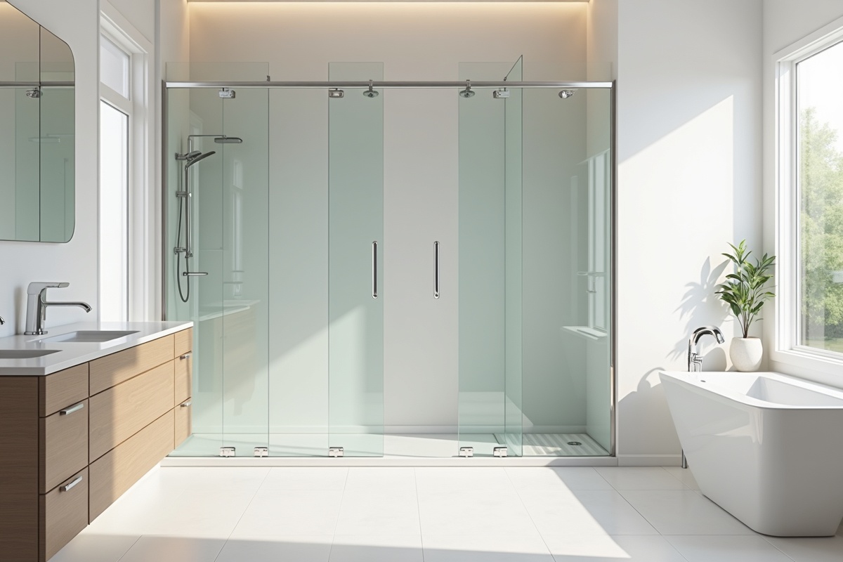 Frameless walk-in shower enclosure with fixed glass panels and no door showing the open barrier-free configuration popular in luxury master bathrooms
