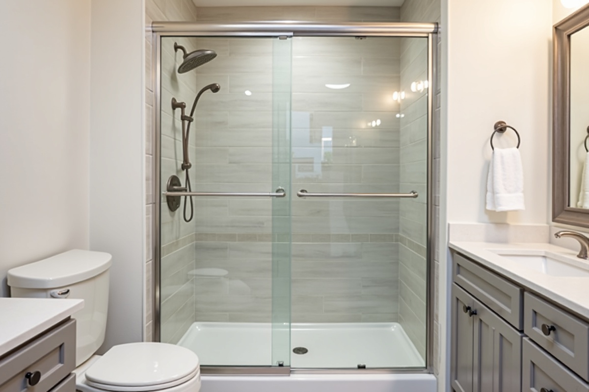 Custom frameless pivot shower door with brushed nickel hardware installed in a Collin County bathroom renovation