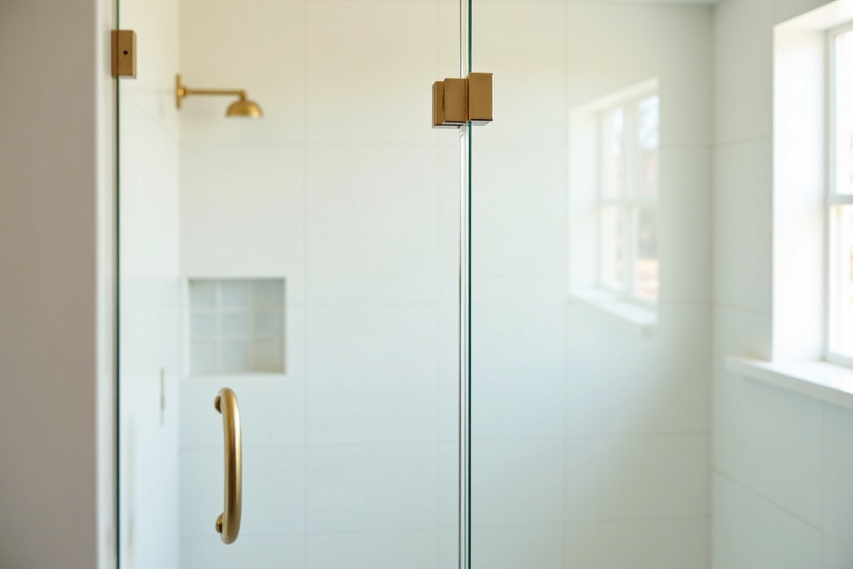 Installed frameless shower door with brushed gold pivot hardware in a bright modern bathroom renovation in Allen Texas