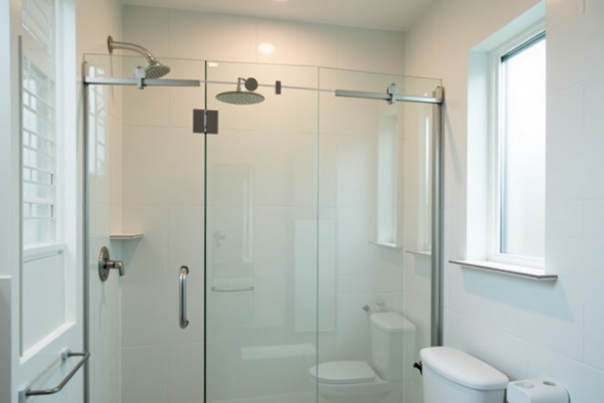 Professional installer setting frameless shower door on wall-mounted hinges in an Arlington TX bathroom renovation with subway tile walls