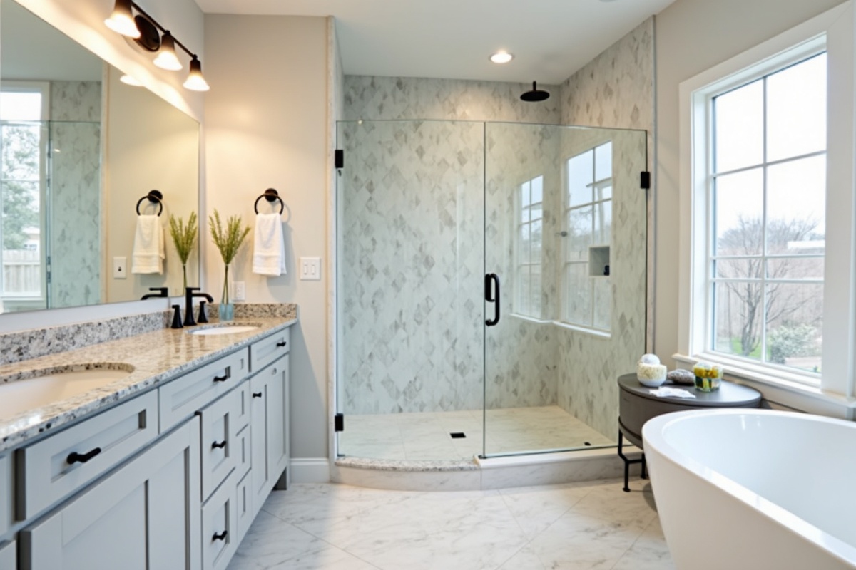 Completed frameless shower enclosure with matte black hardware and clear tempered glass installed in an Arlington TX master bathroom with large format floor tiles