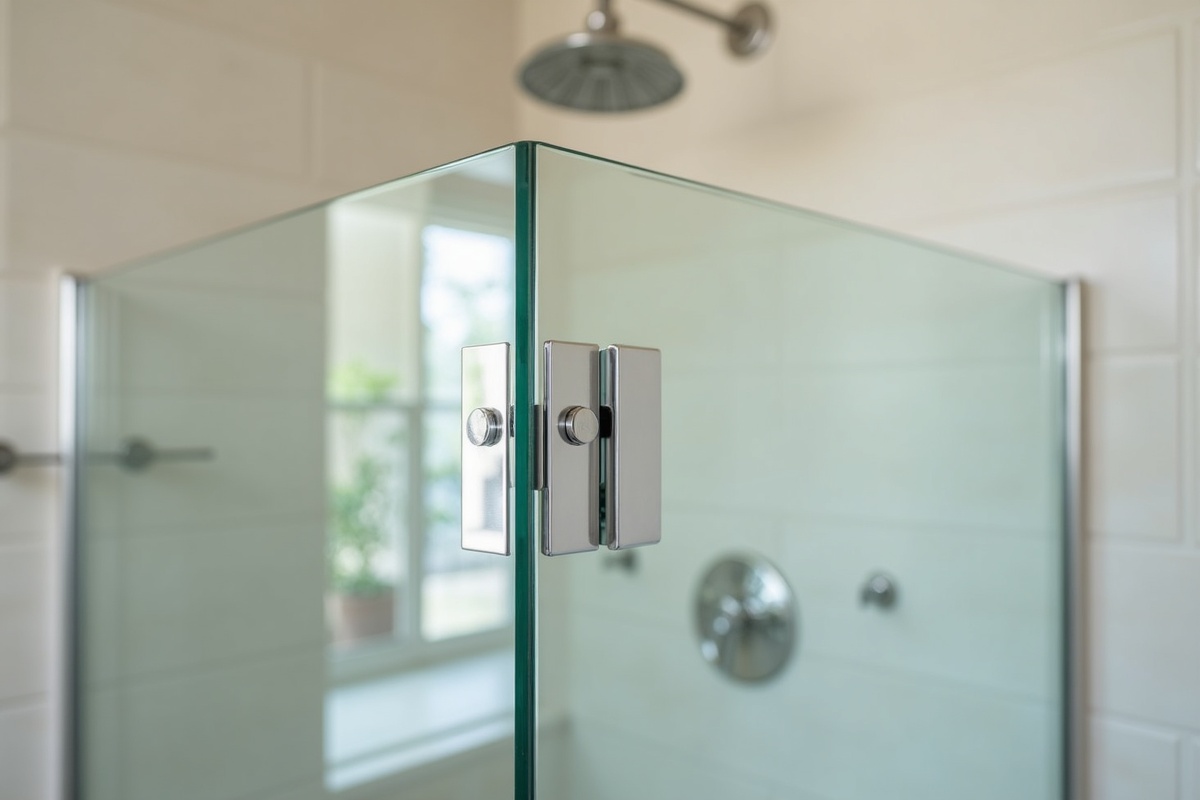 Frameless shower enclosure with mitered glass-to-glass corners installed in a Frisco TX luxury home showing the seamless all-glass corner junction
