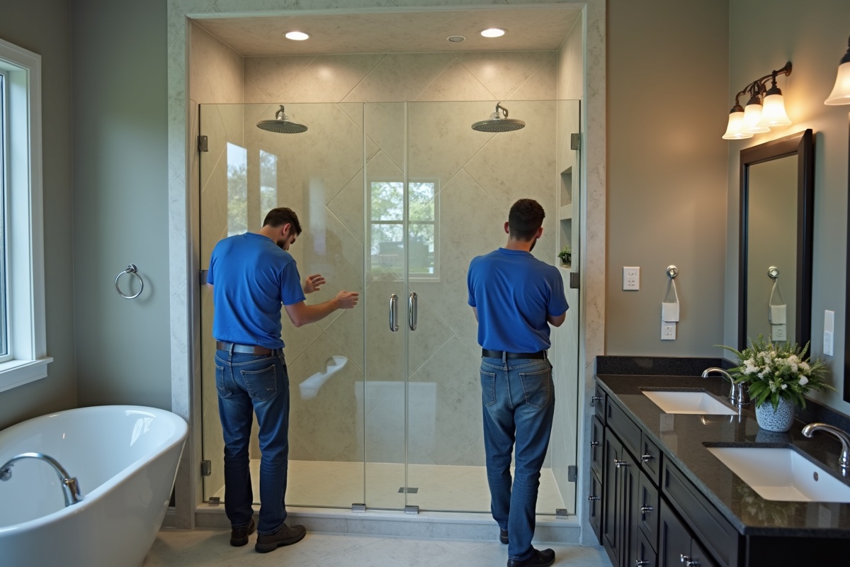 Professional glass installation team working in a Frisco TX master bathroom on a full frameless shower enclosure project with precision hardware placement