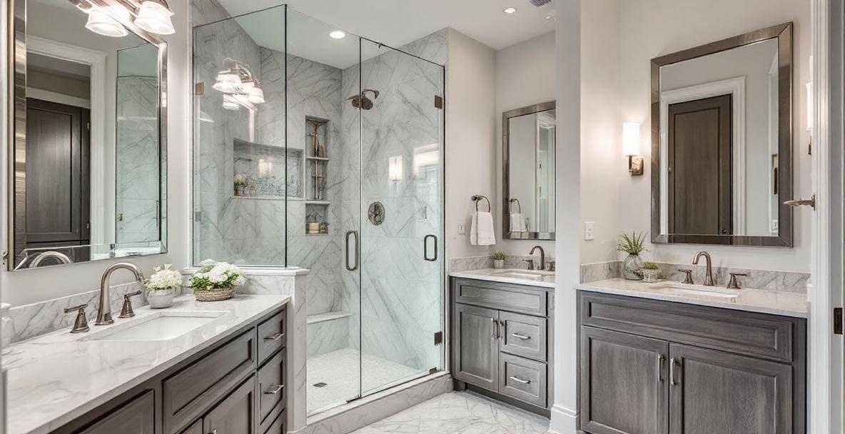 Premium frameless shower door installation in a Frisco TX luxury home with clear low-iron glass mitered corners and brushed nickel hardware
