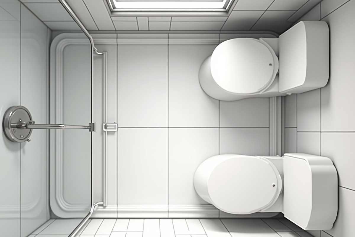 Bathroom floor plan overhead view showing shower door swing clearance measurement and how nearby toilet placement limits door type options