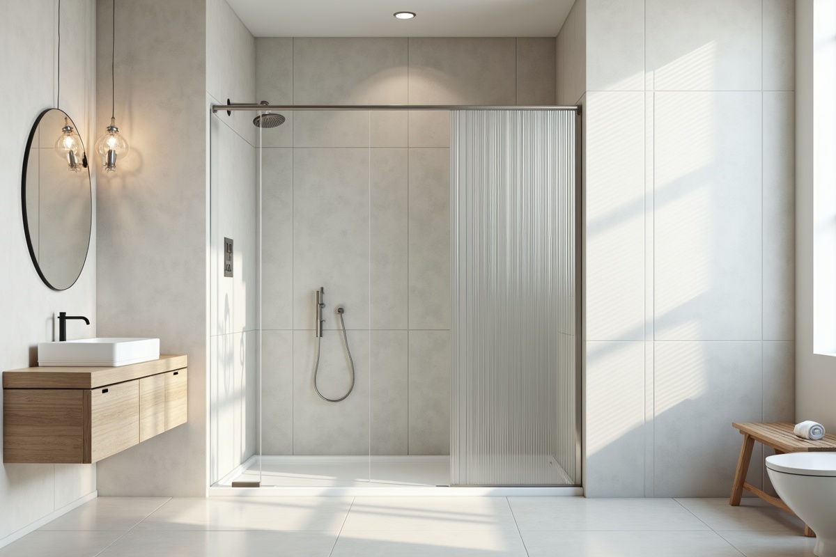 Shower enclosure showing well-coordinated reeded glass panel with large-format neutral tile demonstrating intentional material pairing versus mismatched busy tile