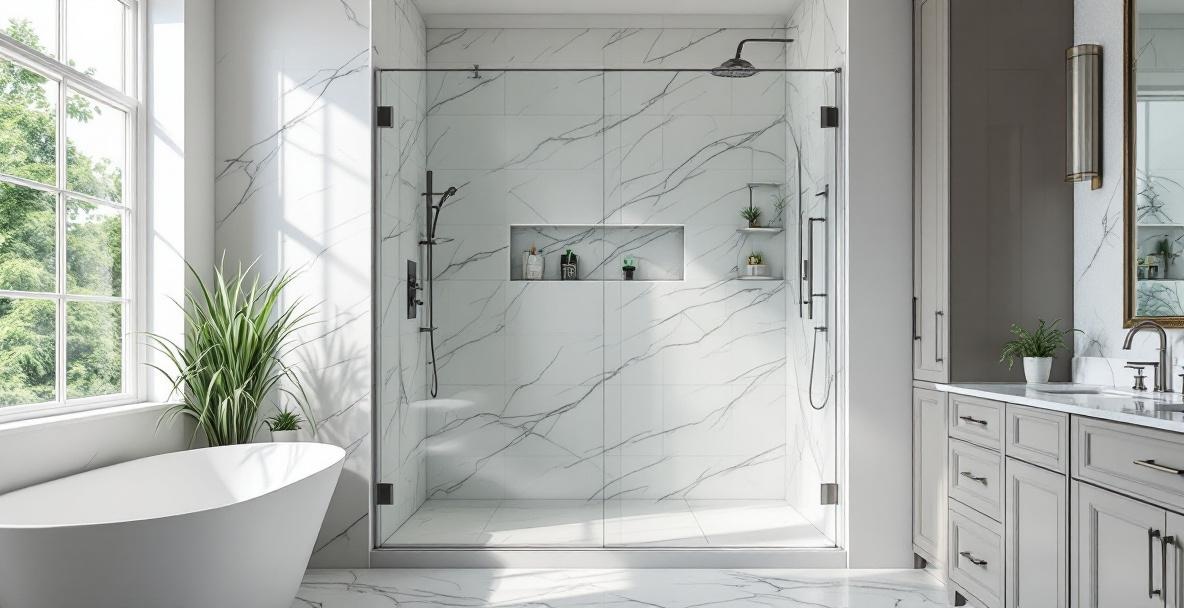 Pristine frameless glass shower enclosure installation showing perfectly plumb walls and precise hardware placement without common design mistakes