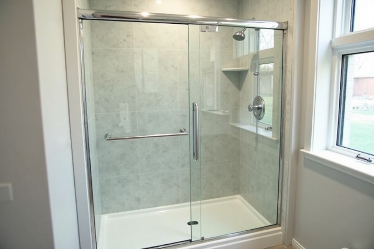 Glass shower enclosure installation process showing a frameless door being set on hinges in a Euless TX bathroom renovation with tiled walls
