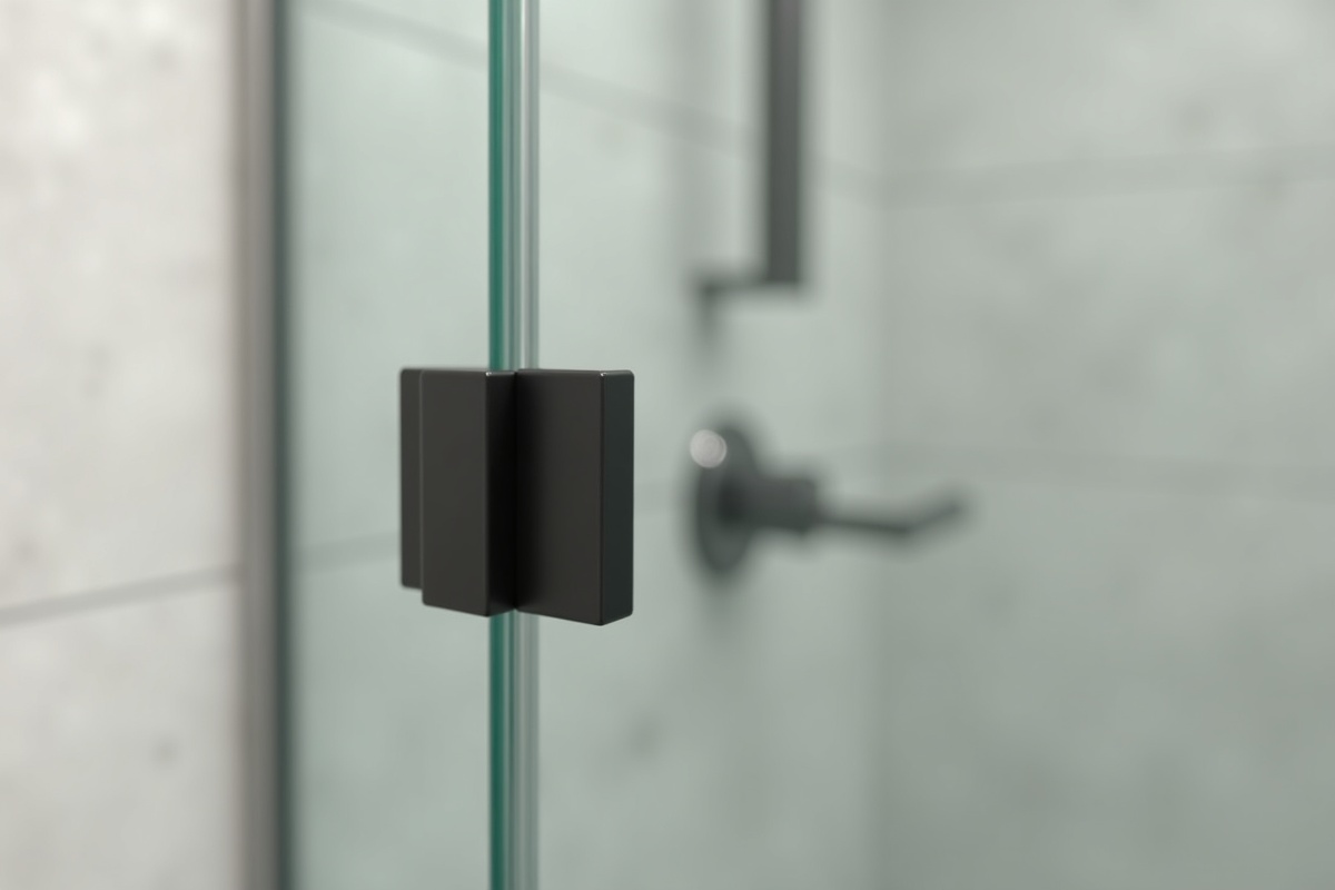 Frameless shower enclosure hardware detail showing matte black hinges and handle on clear tempered glass panel in a modern Euless TX bathroom
