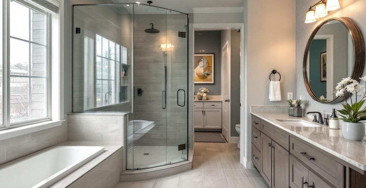 Modern frameless glass shower enclosure with clear tempered panels and brushed nickel hardware installed in a Mid-Cities area master bathroom