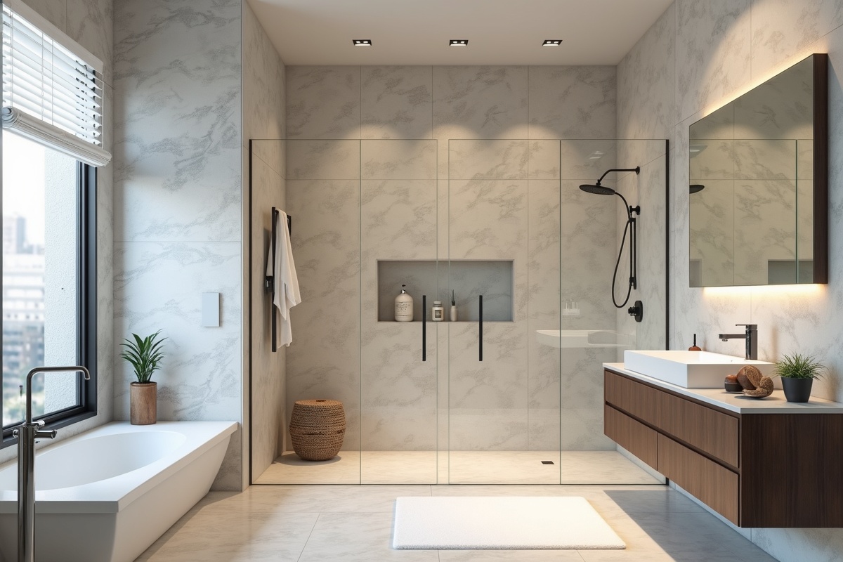 Bathroom with frameless glass shower enclosure and stone tile walls showing professional installation quality