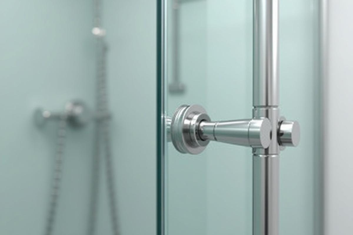Glass shower door hardware detail showing polished metal hinges mounted on thick tempered glass