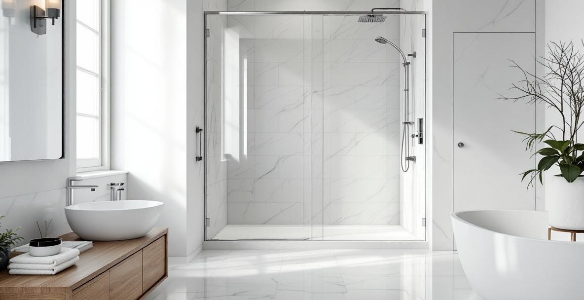 Contemporary bathroom with a glass shower enclosure and neutral tile walls in a modern home