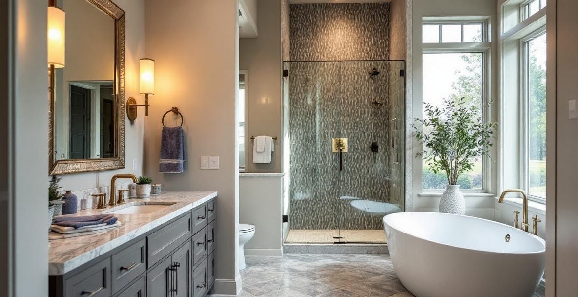 Custom frameless shower enclosure installed in a Keller TX home with clear tempered glass and brushed nickel hardware in a spacious master bathroom