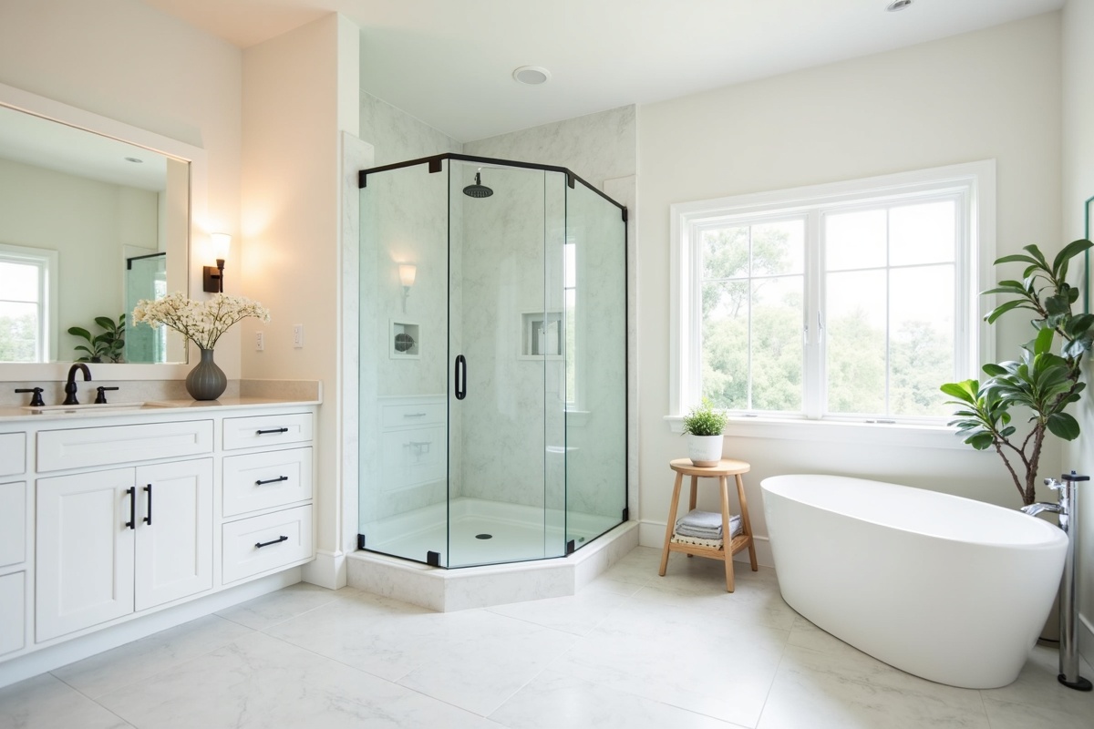 Bright renovated bathroom with frameless glass shower enclosure and modern tile showing the kind of upgrade that impresses buyers in DFW home sales
