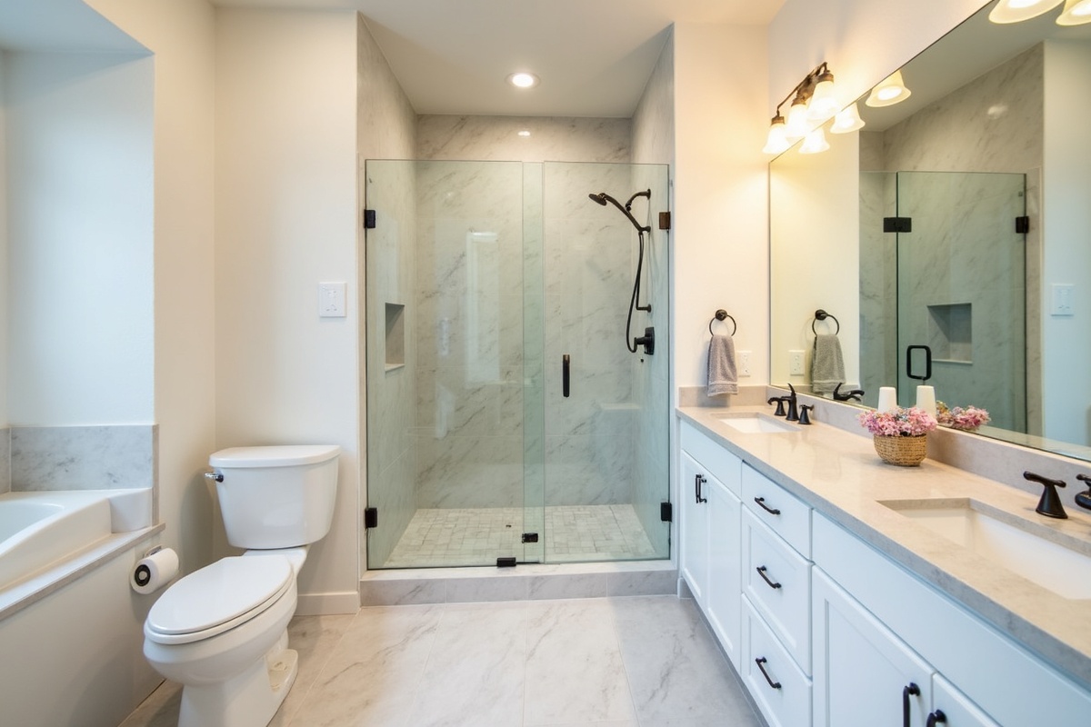 Real estate listing photo of a DFW bathroom with frameless glass shower showing how updated glass enclosures photograph better and attract more buyers