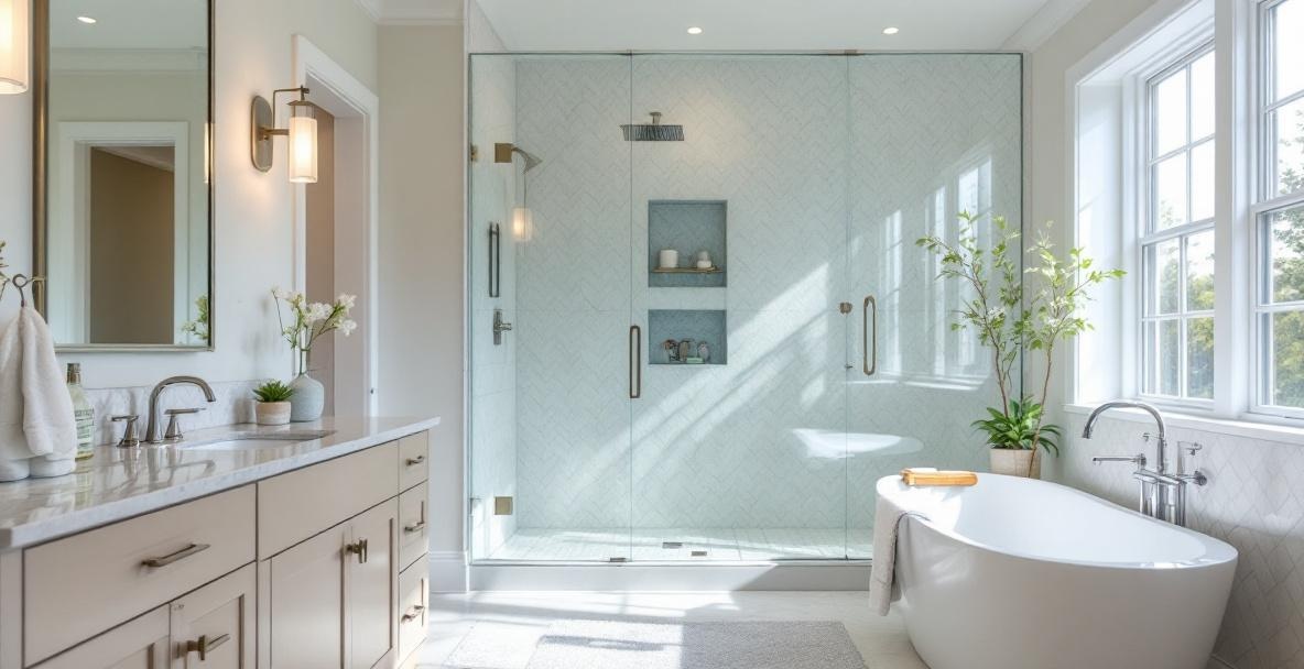 Beautiful renovated master bathroom in DFW home with frameless glass shower enclosure showing how glass upgrades increase home resale value
